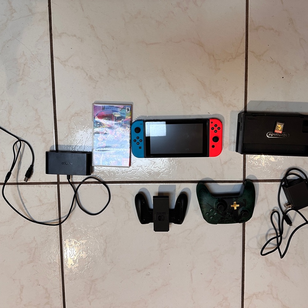 Nintendo Switch with Blue and Red Joy-Con (Green Controller, MK 11 & Mario Kart)